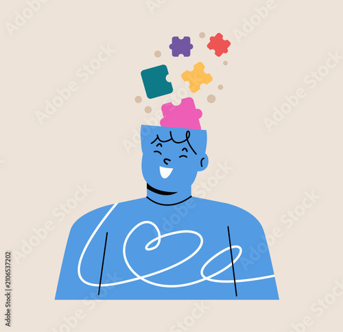 Open mind concept and colorful puzzle pieces representing thinking and creativity of boy. Colorful vector illustration
