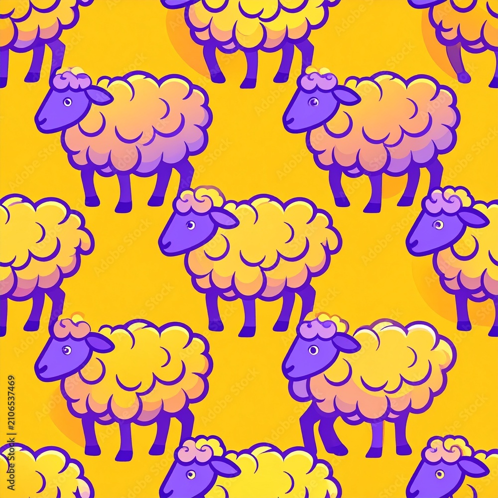 Obraz premium Fluffy Cute Sheep Character Seamless Pattern Vector on Bright Yellow Background
