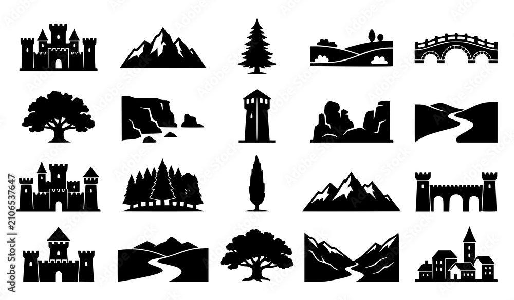 Obraz premium Castle Tree Mountain and Rolling Hill Black Silhouette Vector Icon Set