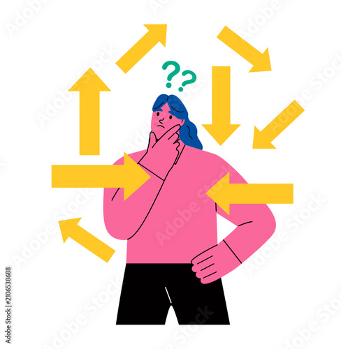 Business woman trying to make answer question among arrows pointing in directions. Flat vector illustration isolated on white background