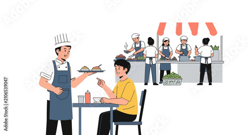 Chef serving food to customer at busy restaurant counter with staff