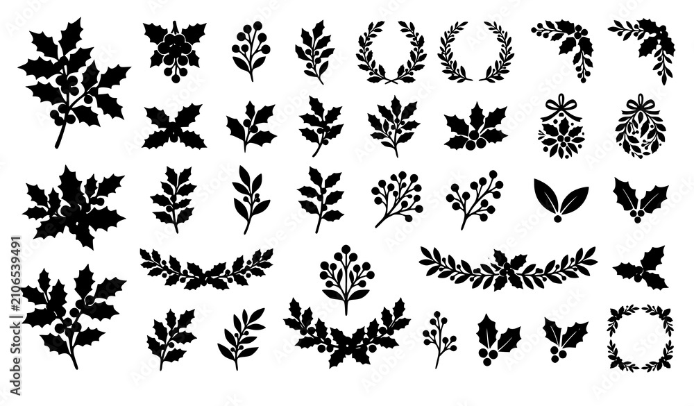 Fototapeta premium Festive Holly Leaves and Berries Botanical Vector Collection for Christmas Designs