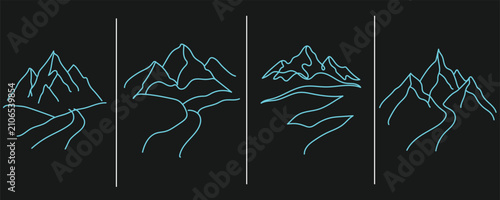 Set of four minimalist mountain landscape line art illustrations with winding paths, modern continuous line drawing style