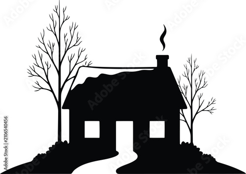 Black silhouette of a snowy cottage with bare trees