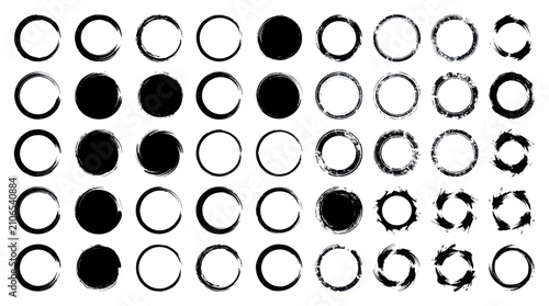 Textured black hand-drawn circle brush stroke set.