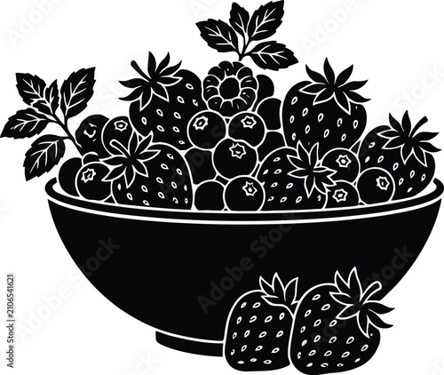 Black and white of a bowl of berries and strawberries