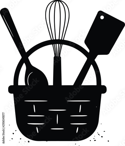 Black kitchen utensils in a basket silhouette cooking