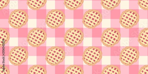 Seamless pie pattern. Delicious lattice-crust cherry pies on a classic pink gingham background. Perfect for bakery and food themes.