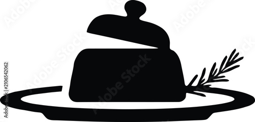 Black silhouette of a covered dish with rosemary sprig
