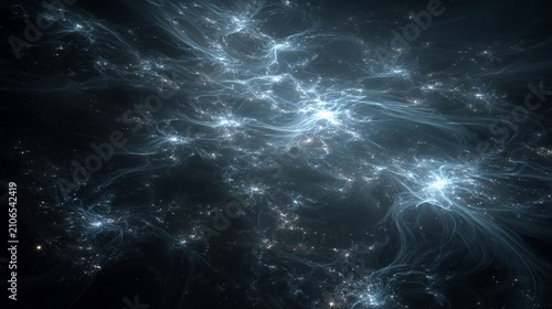 Luminescent cosmic nebula with swirling gaseous clouds and distant stars in deep space, an abstract celestial visualization.