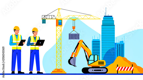 Construction Engineers Managing Urban Building Project with Heavy Machinery and Equipment