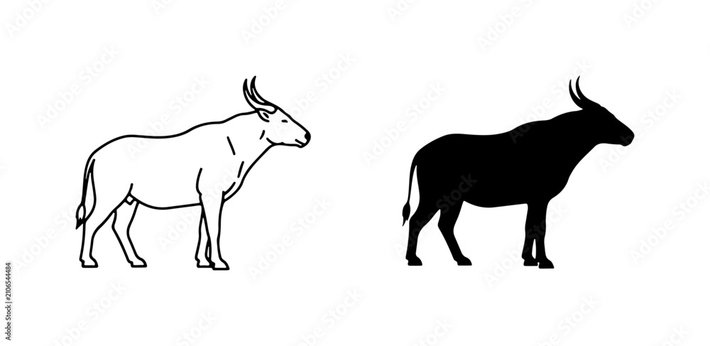 Fototapeta premium Buffalo Silhouette and Outline Vector Icons, Wild Animal Graphics for Nature and Agriculture