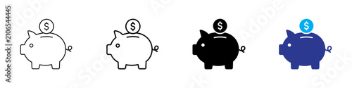 Konstfotografi Piggy bank savings icon set with coin in outline, solid glyph and flat color sty