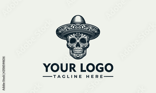Quadro su tela Day of the Dead Sugar Skull with Ornamental Sombrero Graphic Emblem for Mexican