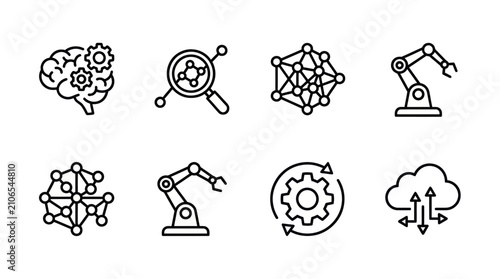 Artificial intelligence and industrial robotics thin line icons.