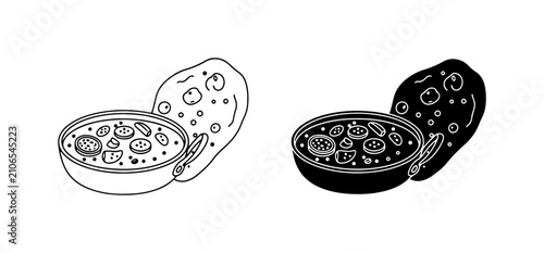 Schilderij op canvas Indian Curry Bowl and Naan Bread Vector Icon Set, Traditional Cuisine Meal Illus