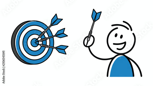 Minimalist illustration of a happy stick figure character successfully hitting the bullseye on a dartboard target