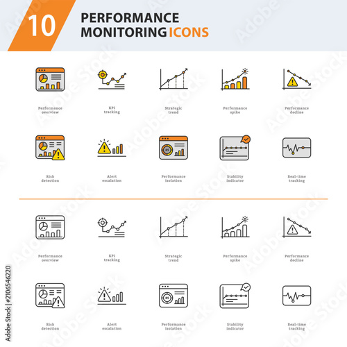 Performance Monitoring Outline Line Icons for KPI Dashboard, Analytics and Business Operations