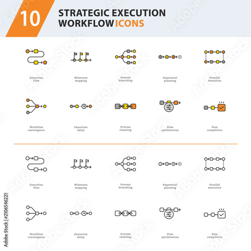 Strategic Execution Workflow Outline Line Icons for Project Management and Operations Dashboard