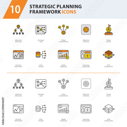 Strategic Planning Framework Outline Line Icons for Business Strategy, Data Governance and Enterprise Planning