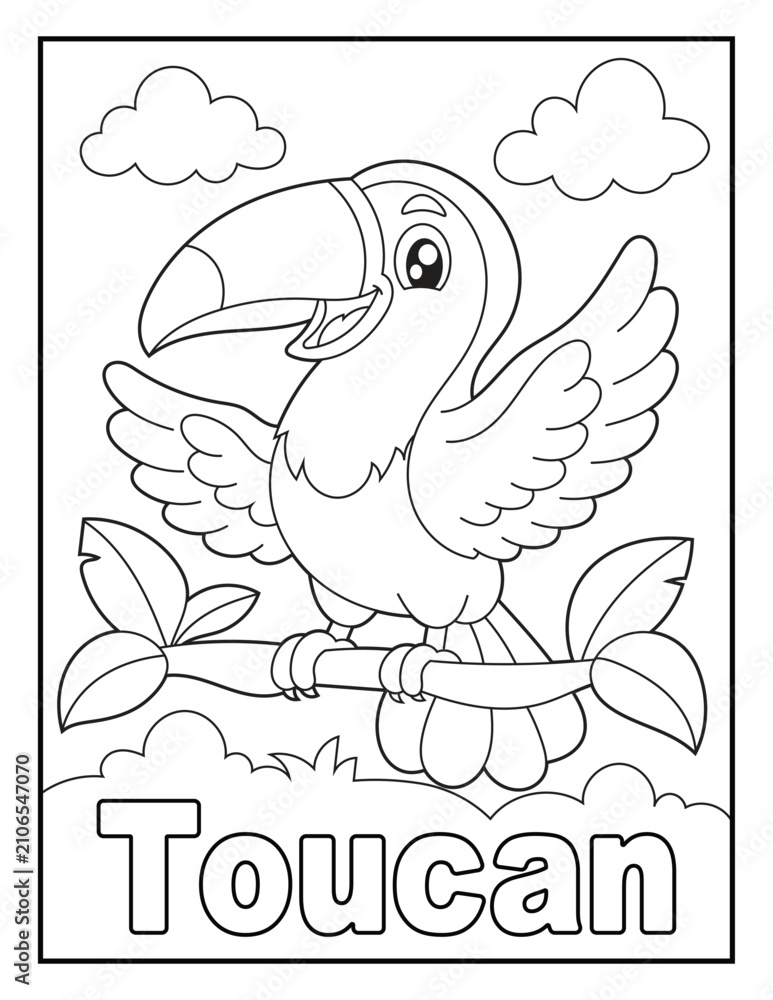 Obraz premium Happy Toucan Coloring Page with Animal Name for Preschool and Kindergarten Kids. Simple Black and White Illustration.