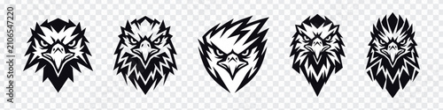 Foto Set of five fierce animal mascot head icons in black and white geometric line art, ideal for esports logos, gaming teams, sports badges, apparel prints, stickers, and bold branding