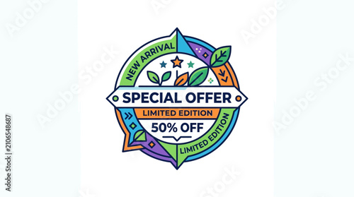 Konstfotografi Decorative badge with new arrival and special offer text vector illustration
