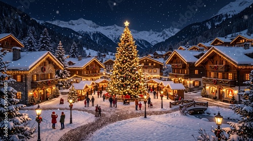 Luxury Snowy Christmas Village at Night with Glowing Christmas Tree