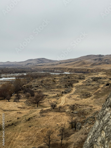 View of arid valley landscape with dirt road and scattered trees near river.
