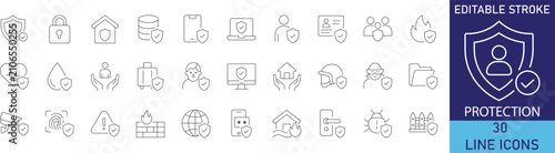 Tableau sur toile Protection and cybersecurity data privacy line icon set
