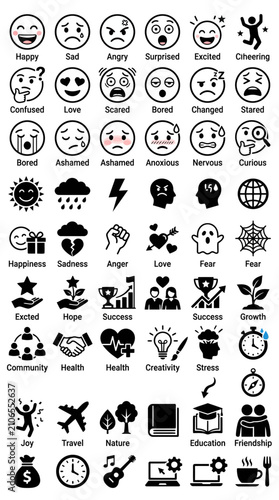 Emotions and Icons Set: Happy, Sad, Angry, Love, Fear, Success, Health, Joy
