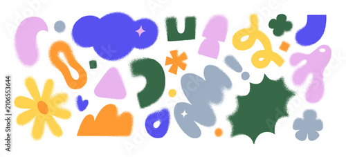 Geometric shapes with soft grains set. Abstract colourful figures with texture and blur effect. Different elements, forms, lines and curves. Flat isolated vector illustrations on white background
