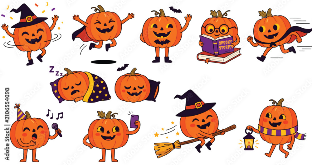 Fototapeta premium Pumpkin Activity Collection Set Halloween Vector Characters Isolated on Transparent Background