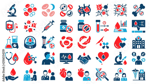 Bild auf Leinwand Medical Healthcare Icons: Blood, Cells, DNA, Heart, Hospital, Research, Science