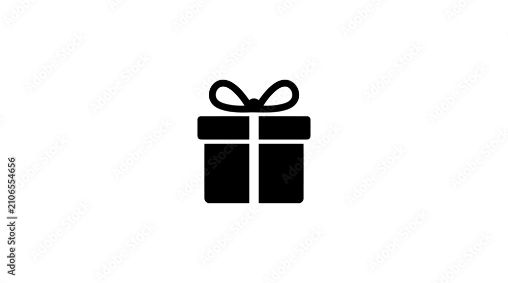 Fototapeta premium A simple black silhouette icon of a gift box with a bow on a plain white background, symbolizing presents and celebrations.