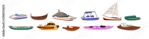 Different types of water transport set. Inflatable and wooden boats, motorboats, passenger ships. Kayaks, sailboats and sports yachts. Sea cruise, travel. Flat isolated vector illustrations on white