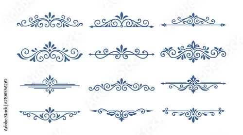 Collection of blue vintage floral dividers and decorative scroll elements for designs.