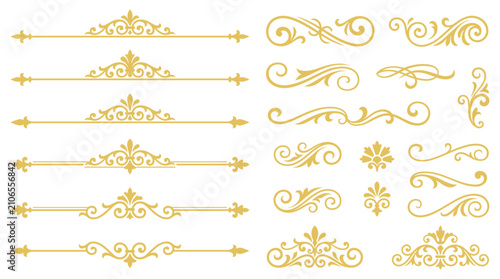 Set of decorative calligraphic design elements, page dividers, and borders in golden color.