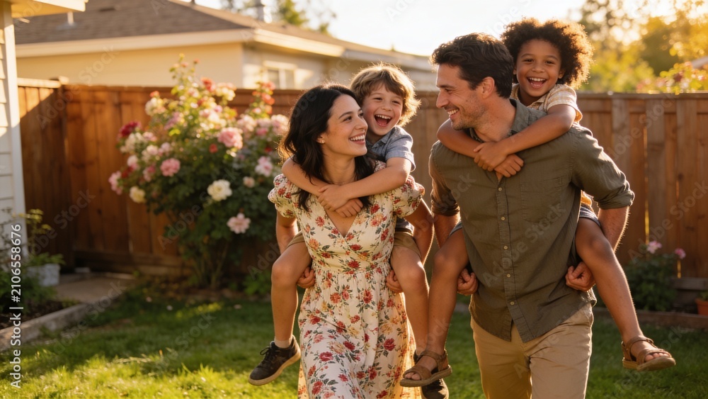 Fototapeta premium Parents, piggyback and children outdoor in portrait for love, bonding and playful interaction of support at house. Smile, woman and man with kids for family activity in backyard for memory at home