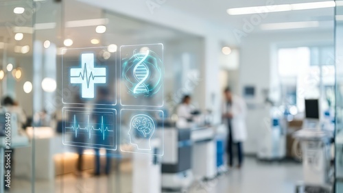 Medical digital interface in hospital. Healthcare technology with virtual health icons.