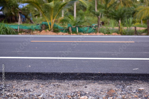 black asphalt road and white dividing lines, Asphaltic concrete road with yellow and white traffic lines, asphalt, road, surface, traffic, street, transportation, black, white, background, highway, li