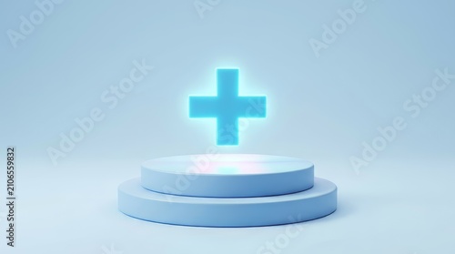 Glowing blue plus sign on a podium. Medical cross icon representing healthcare services.