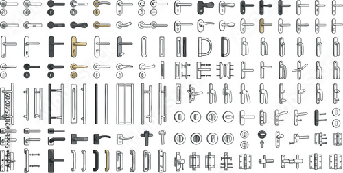 Comprehensive vector icon collection of door handles, window latches, pull bars, locks, hinges, and modern hardware accessories for interior design.