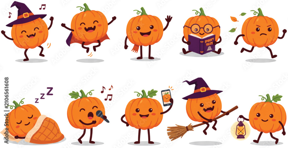 Obraz premium Pumpkin Activity Collection 10 Set Halloween Vector Characters Isolated on Transparent Background