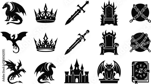 Fantasy icons set with dragons crowns swords thrones and ancient magic book on transparent.