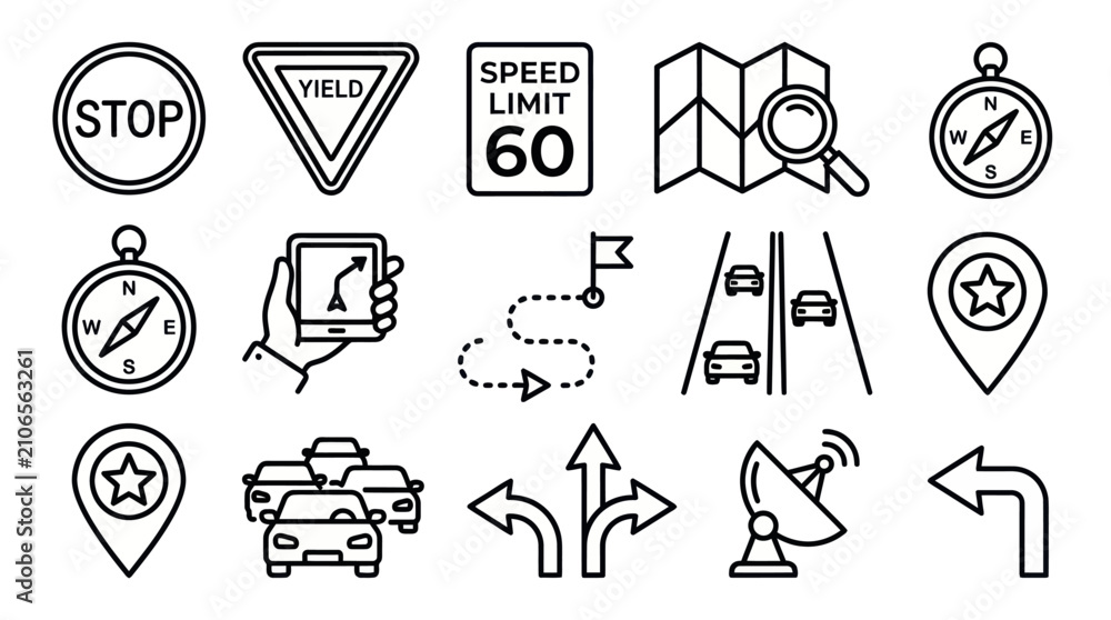Fototapeta premium Road signs and navigation travel line icon collection.