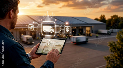 Over shoulder photo of supervisor holding digital tablet for green fleet tracking on supply chain optimization logistics tech platform at sunset warehouse depot