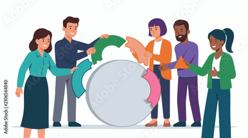 Diverse team assembling puzzle pieces into a circular diagram