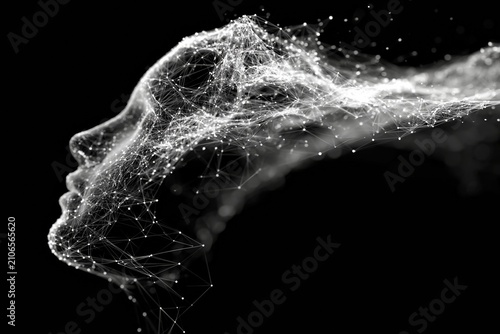 Abstract digital human face formed by interconnected glowing lines and dots against a black background