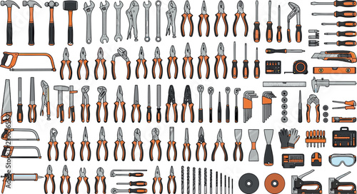 Foto Massive collection of professional hand tools screwdrivers hammers pliers wrench